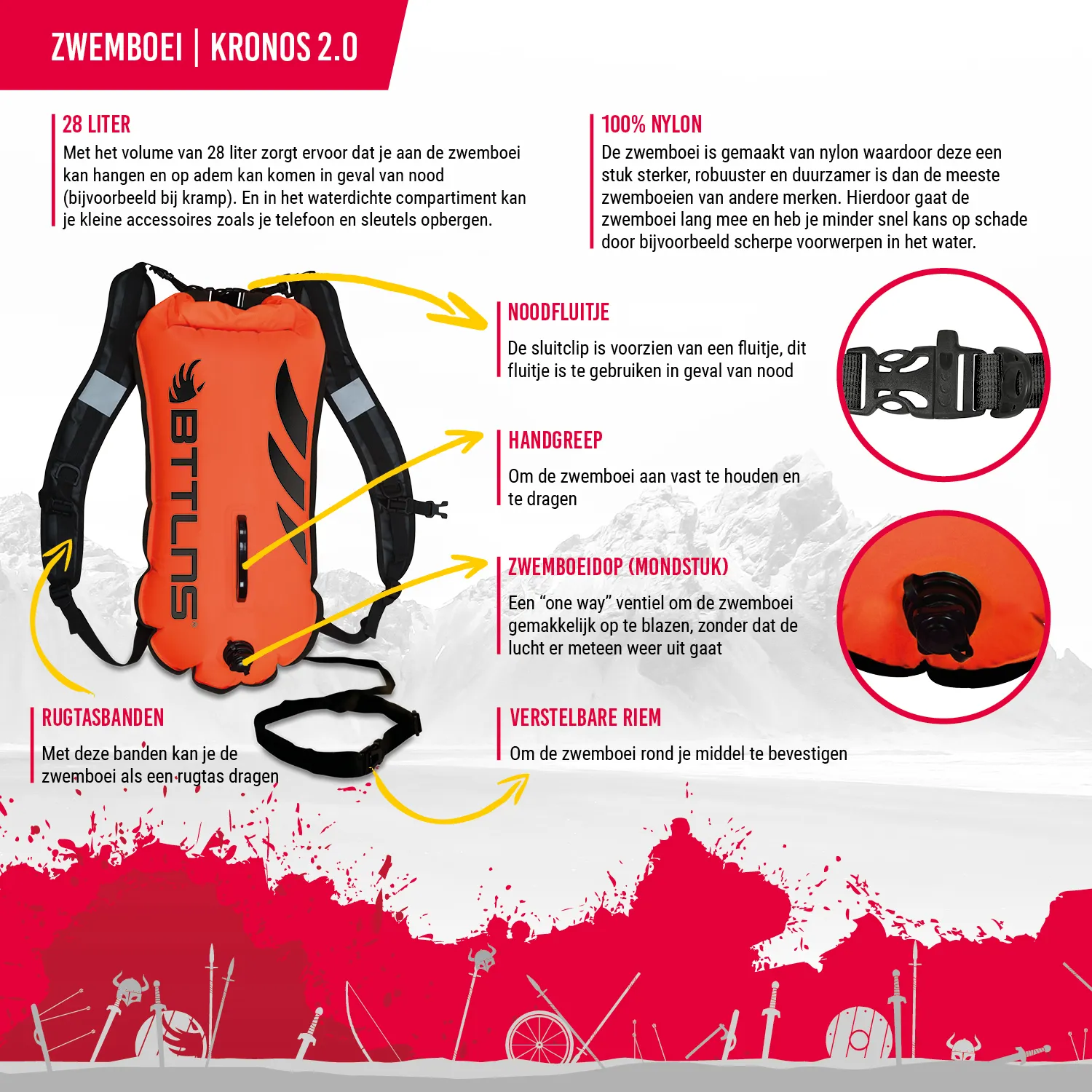 BTTLNS Kronos 2.0 rugtas zwemboei 28 liter oranje