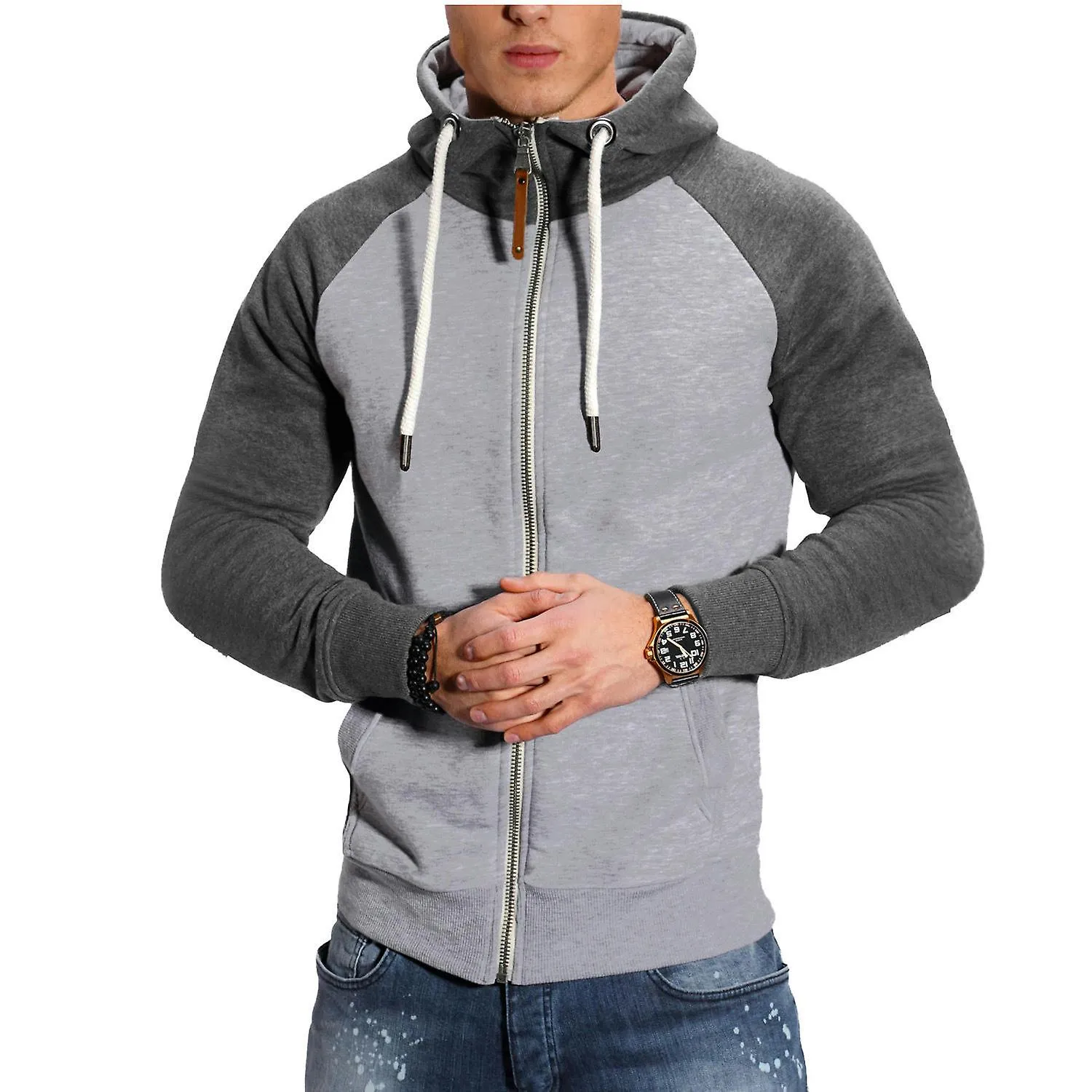 MEN'S ZIP UP HOODIE COLOR BLOCK LONG SLEEVE CASUAL SPORT SWEATSHIRT WITH POCKETLIGHT GRAY TO DARK GRAY SLEEVES
