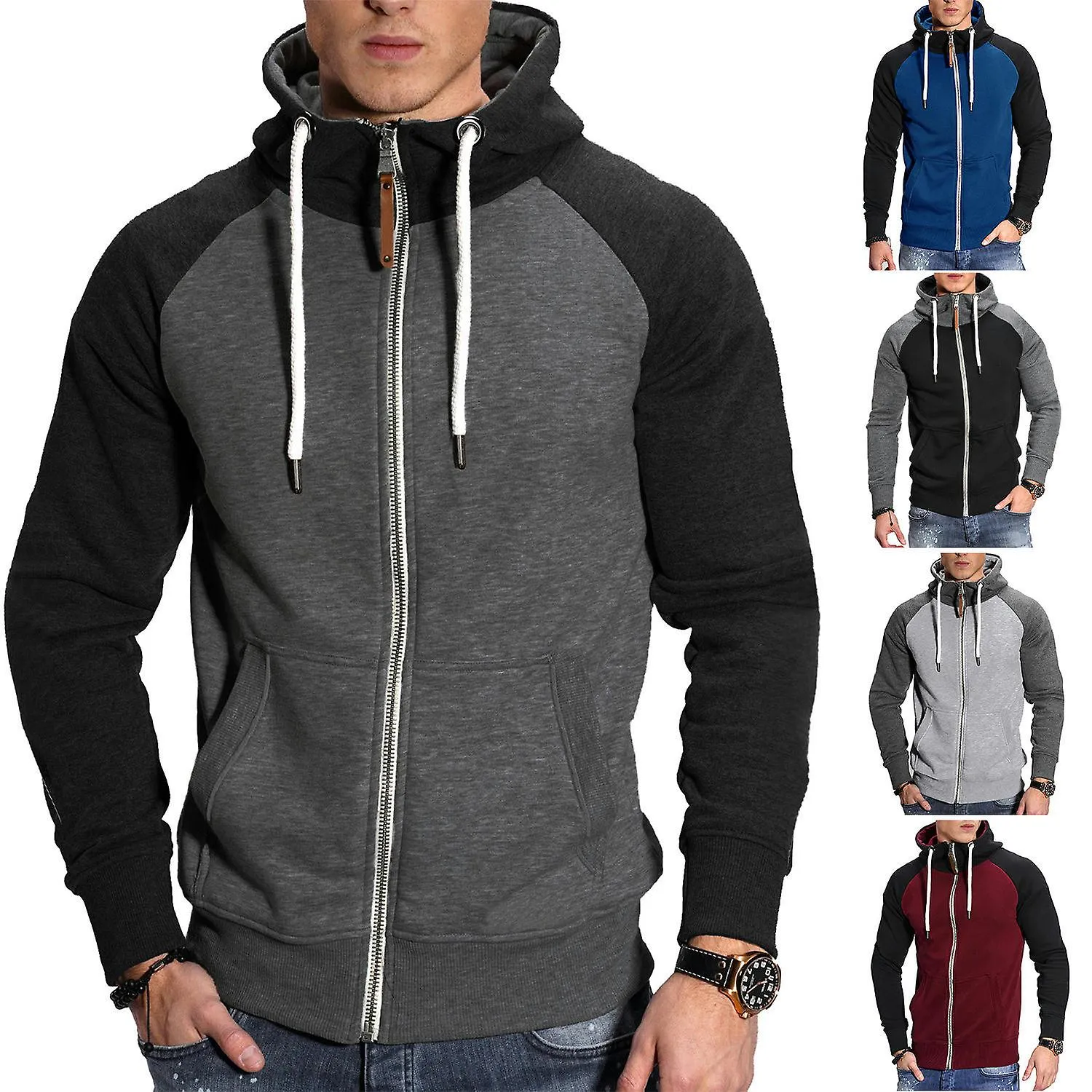 MEN'S ZIP UP HOODIE COLOR BLOCK LONG SLEEVE CASUAL SPORT SWEATSHIRT WITH POCKETLIGHT GRAY TO DARK GRAY SLEEVES